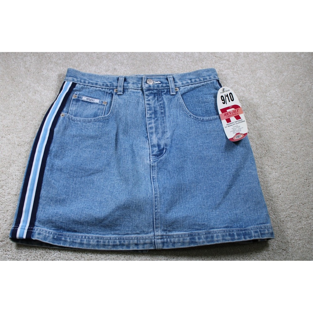 Revolt Skirt Womens 9/10 Blue Denim Side Stripe Mini 100% Cotton Vintage Y2K 90s